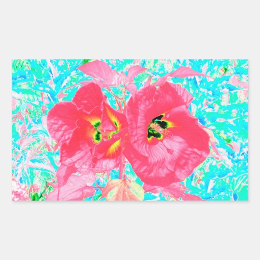 2バラ色の赤いサンゴ梅熱狂するハイビスカスオンアクア 長方形シール (正面)