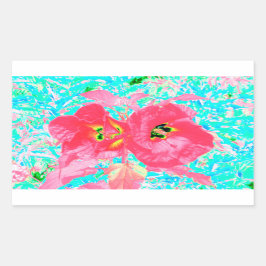 2バラ色の赤いサンゴ梅熱狂するハイビスカスオンアクア 長方形シール