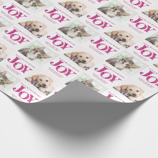 2パーソナライズされたフォトペットドッグJOYピンクホリデーギフト ラッピングペーパー (角)