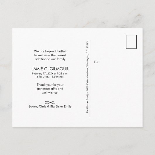 2パーソナライズされた番目のベビー写真ありがとう 案内ポストカード (裏面)