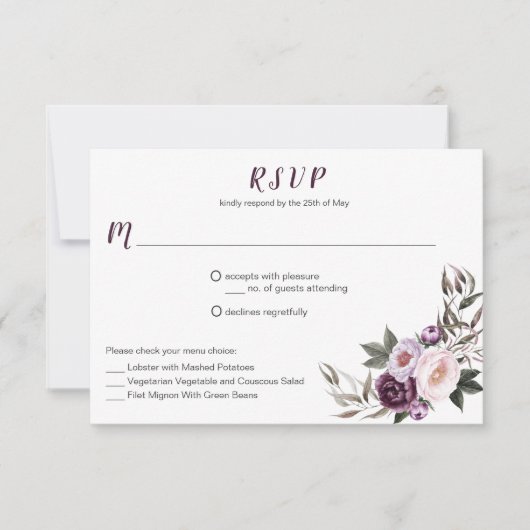 #2パープルプラムピンク牡丹の花束メニューの選択 出欠カード (正面)