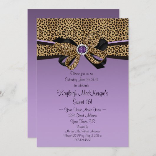 #2ヒョウのプリントの紫色はダイヤモンドの菓子16を宝石で飾ります 招待状 (正面/裏面)