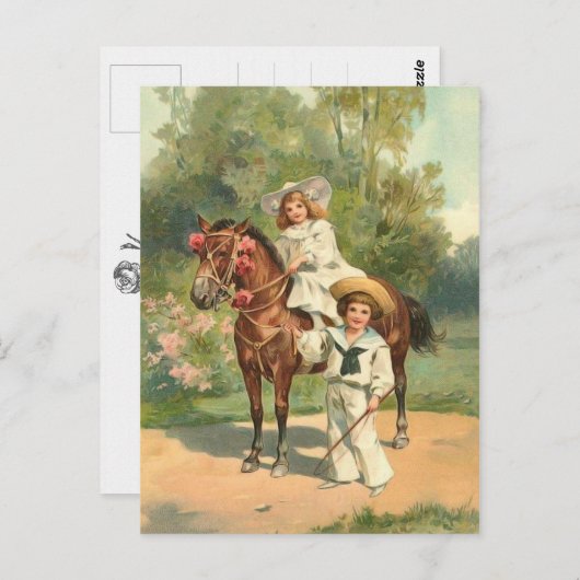 2ビクトリアン人の子供が馬のヴィンテージはがき ポストカード (正面/裏面)
