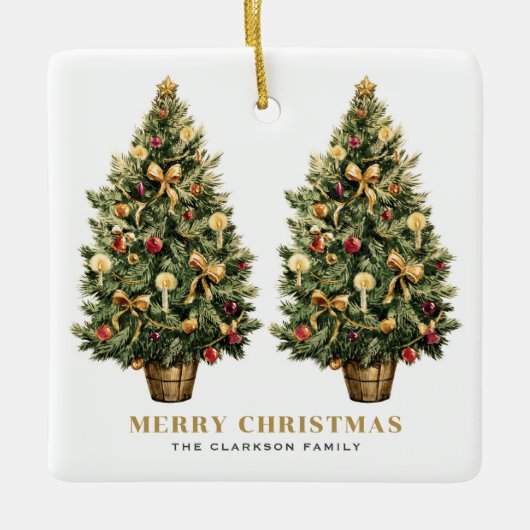 2ビンテージクリスマスツリー金ゴールドメリークリスマス セラミックオーナメント (正面)