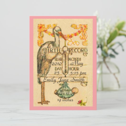 2ピンクのヴィンテージのスタイルの誕生の発表は味方しました 案内状 (スタンド正面)