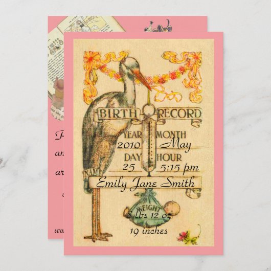 2ピンクのヴィンテージのスタイルの誕生の発表は味方しました 案内状 (正面/裏面)