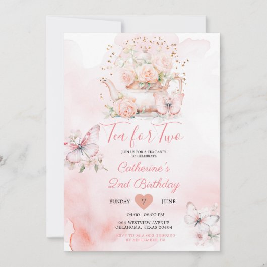 2ピンクティーバタフライパーティー用誕生日 招待状 (正面)