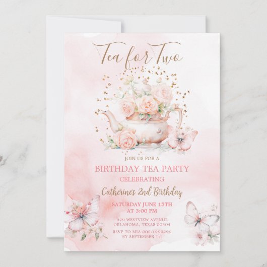 2ピンクティー用バタフライティーパーティー誕生日 招待状 (正面)