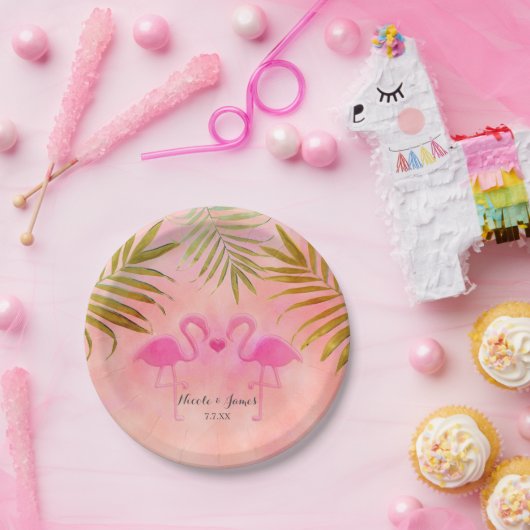2ピンクフラミンゴスウォーターカラービーチ結婚式プレート ペーパープレート (パーティー)