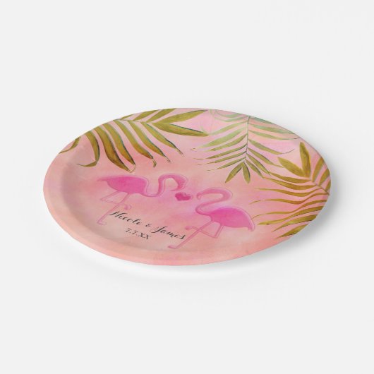 2ピンクフラミンゴスウォーターカラービーチ結婚式プレート ペーパープレート (アングル)