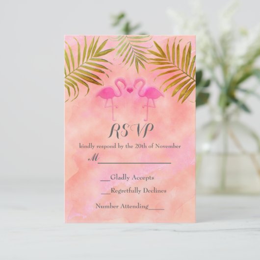 2ピンクフラミンゴスウォーターカラービーチ結婚式RSVP 出欠カード (スタンド正面)