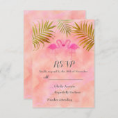 2ピンクフラミンゴスウォーターカラービーチ結婚式RSVP 出欠カード (正面/裏面)