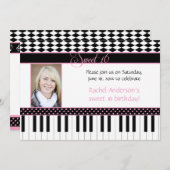 #2ピンクブラックピアノテーマスイート16誕生日 招待状 (正面/裏面)