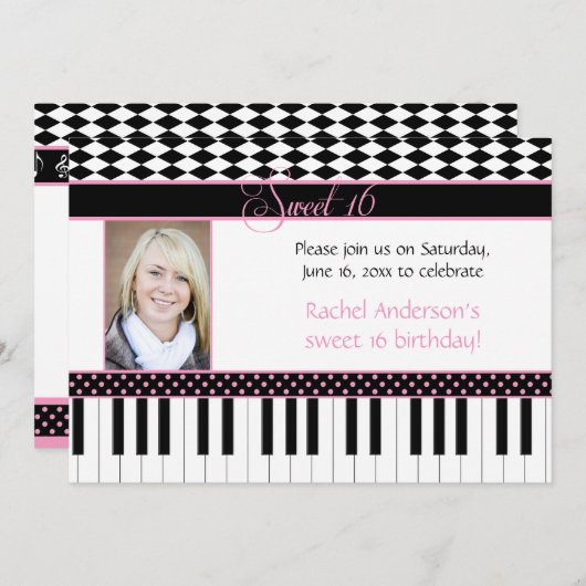 #2ピンクブラックピアノテーマスイート16誕生日 招待状 (正面/裏面)