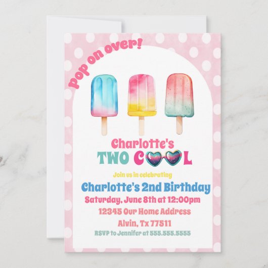 2ピンクポクールップシクルサマー誕生日 招待状 (正面)