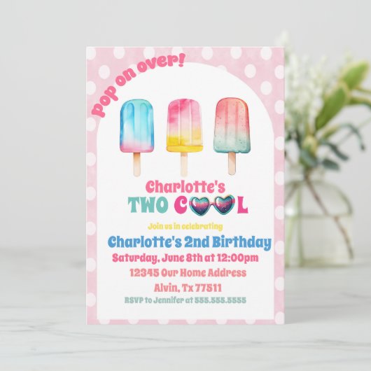 2ピンクポクールップシクルサマー誕生日 招待状 (スタンド正面)