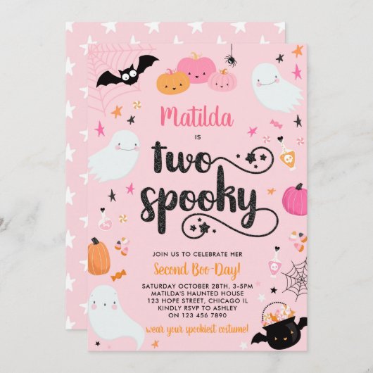 2ピンク不気味ハロウィーン幽霊2nd誕生日パーティー 招待状 (正面/裏面)