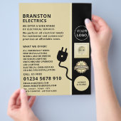 2ピン電源ソケットおよびプラグ、電気技師の広告 チラシ (手)