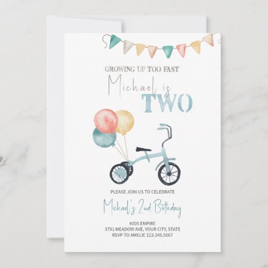 2ファストブルー三輪車誕生日招待状 招待状 (正面)