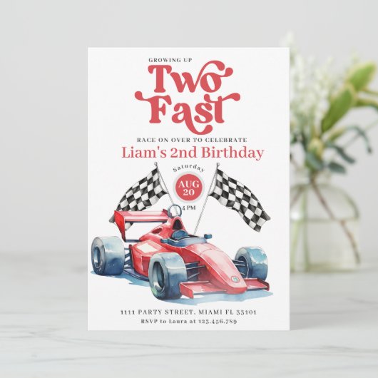2ファストレーシングボーイレッドレースカー誕生日パーティー 招待状 (スタンド正面)