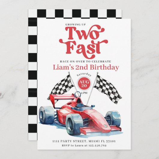 2ファストレーシングボーイレッドレースカー誕生日パーティー 招待状 (正面/裏面)