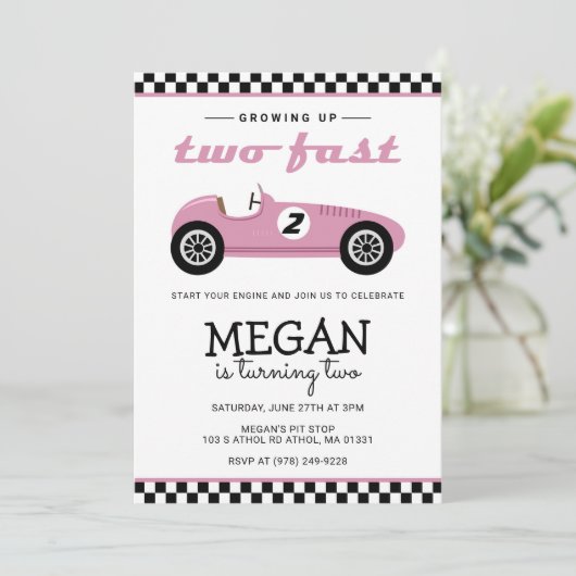 2ファストレースカーレース誕生日ピンク 招待状 (スタンド正面)