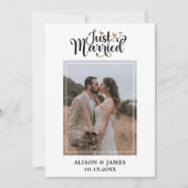 2フォトたった今結婚しましたモダンスクリプトハート結婚の 案内状 (正面)