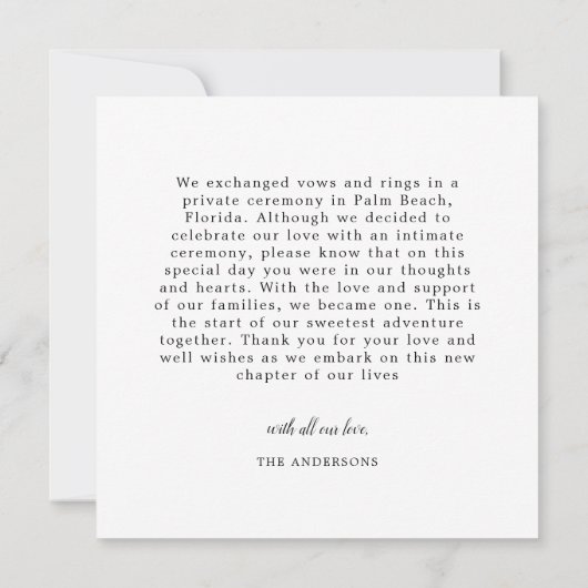 2フォトたった今結婚しましたモダンスクリプトハート結婚の 案内状 (裏面)