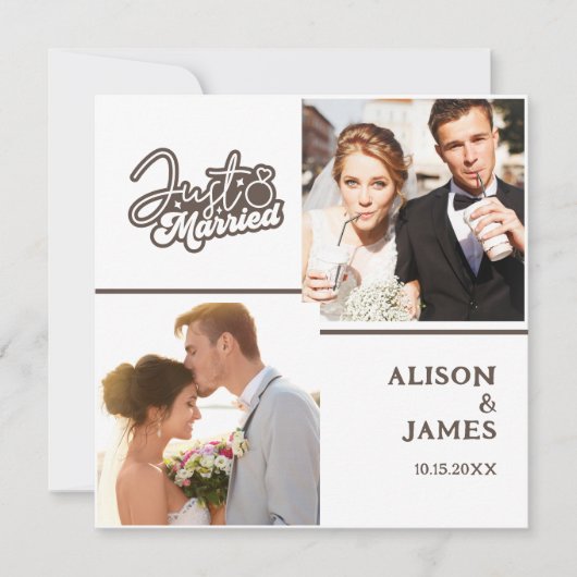 2フォトたった今結婚しましたモダンスクリプトハート結婚の 案内状 (正面)