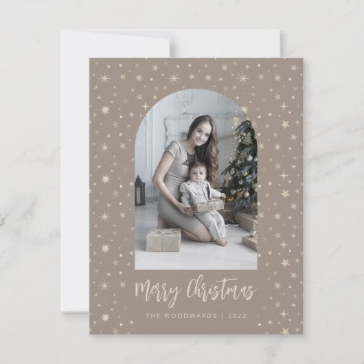 2フォトアーチスターズメリークリスマスブラウン金ゴールド シーズンカード (正面)