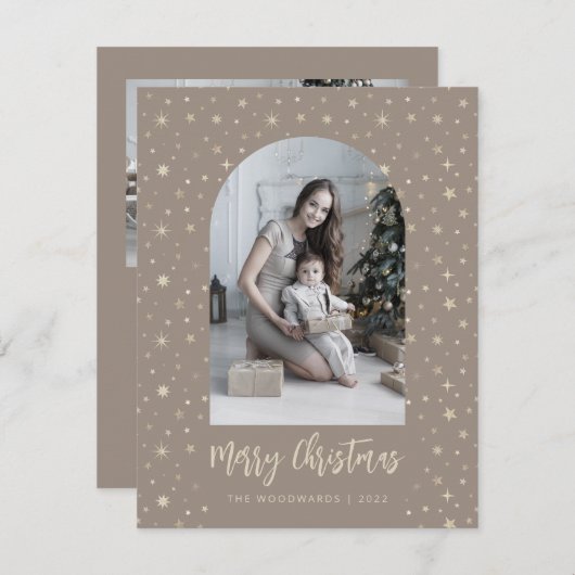 2フォトアーチスターズメリークリスマスブラウン金ゴールド シーズンカード (正面/裏面)
