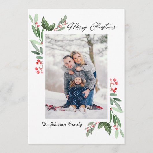 2フォトウォーターカラーヤドリギホリーベリークリスマス シーズンカード (正面)
