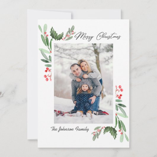 2フォトウォーターカラーヤドリギホリーベリークリスマス シーズンカード (正面)