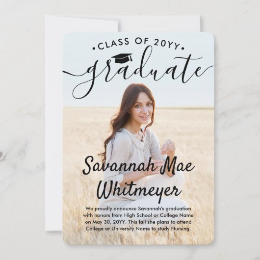 2フォトオーバーレイモダンブラックスクリプトの卒業 案内状 (正面)