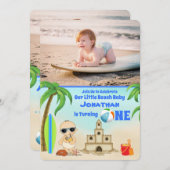 2フォトキュートボーイビーチベビーサーフボード1st誕生日 招待状 (正面/裏面)