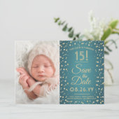 2フォトキンセアニェラエレガントティール(緑がかった色)ブルー金ゴールドグリッター セーブザデート (スタンド正面)