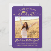 2フォトクラス年パープル&金ゴールドスクリプト卒業 案内状 (正面)