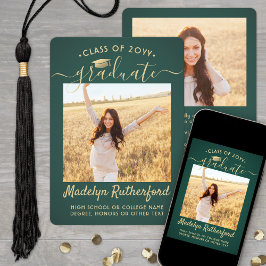 2フォトクラス年緑と金ゴールドスクリプト卒業 案内状