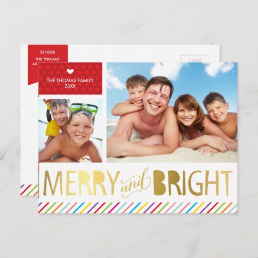 2フォトクリスマスファミモダンリメリーー&ブライト シーズンポストカード (正面/裏面)