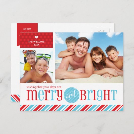 2フォトクリスマスポストカード: メリー & bright 1 シーズンポストカード (正面/裏面)