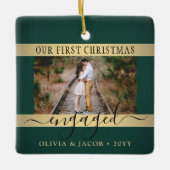 2フォトクリスマス婚約グリーンとフェイク金ゴールド セラミックオーナメント (正面)