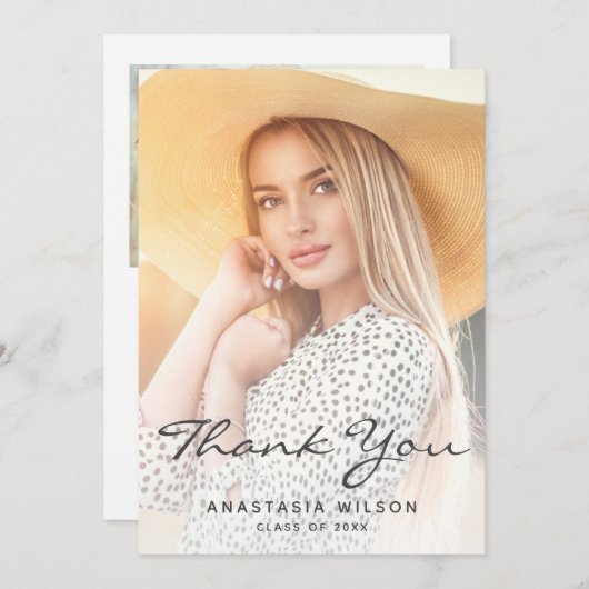 2フォトグレーのスクリプトの卒業サンキューカード 招待状 (正面/裏面)