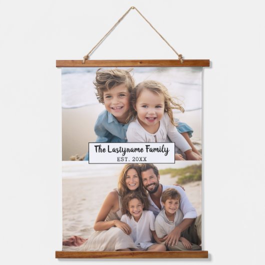 2フォトコラージファミリ名 – 水平写真 吊り下げ型タペストリー (正面)