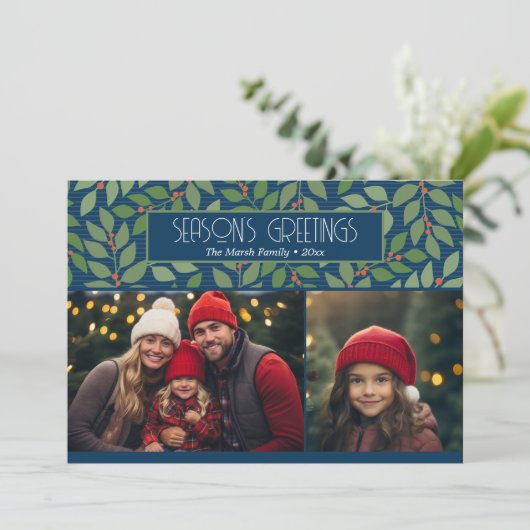 2フォトコラージュ植物季節のグリーティングネイビー シーズンカード (スタンド正面)