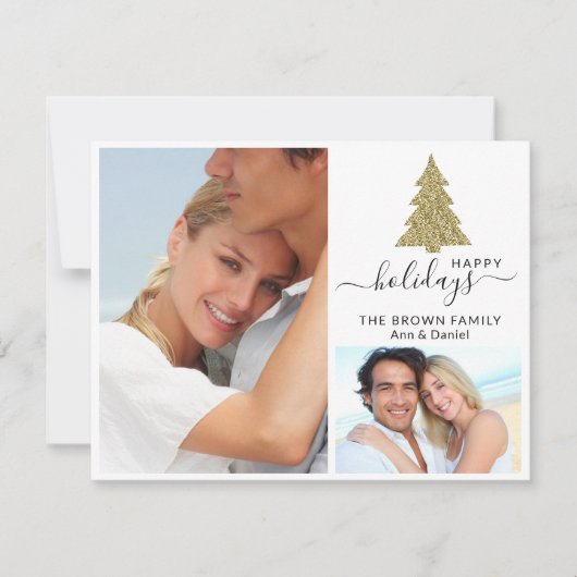 2フォトコラージュ金ゴールドグリッタークリスマスツリーハッピー シーズンカード (正面)