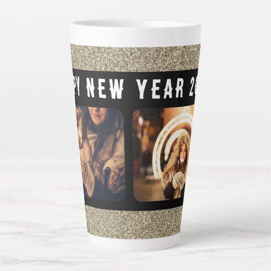 2フォトコラージュ金ゴールドグリッターハッピーニューイヤー2023 カフェラテマグ (正面)