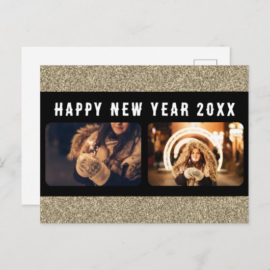 2フォトコラージュ金ゴールドグリッターハッピーニューイヤー2025 シーズンポストカード (正面/裏面)