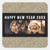 2フォトコラージュ金ゴールドグリッターハッピーニューイヤー2025 スクエアシール (正面)