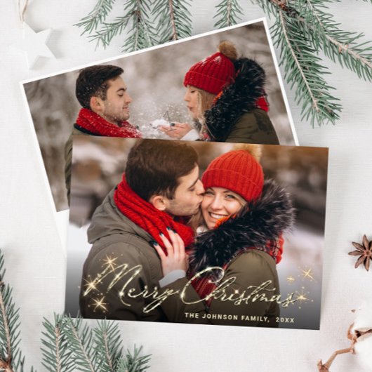 2フォトゴールデンモダンクリスマスグリーティング シーズンカード