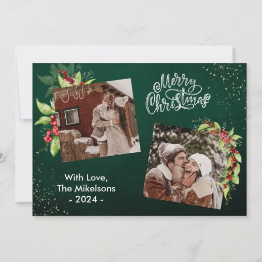 2フォトシーズンのグリーティングホリーベリークリスマス シーズンカード (正面)